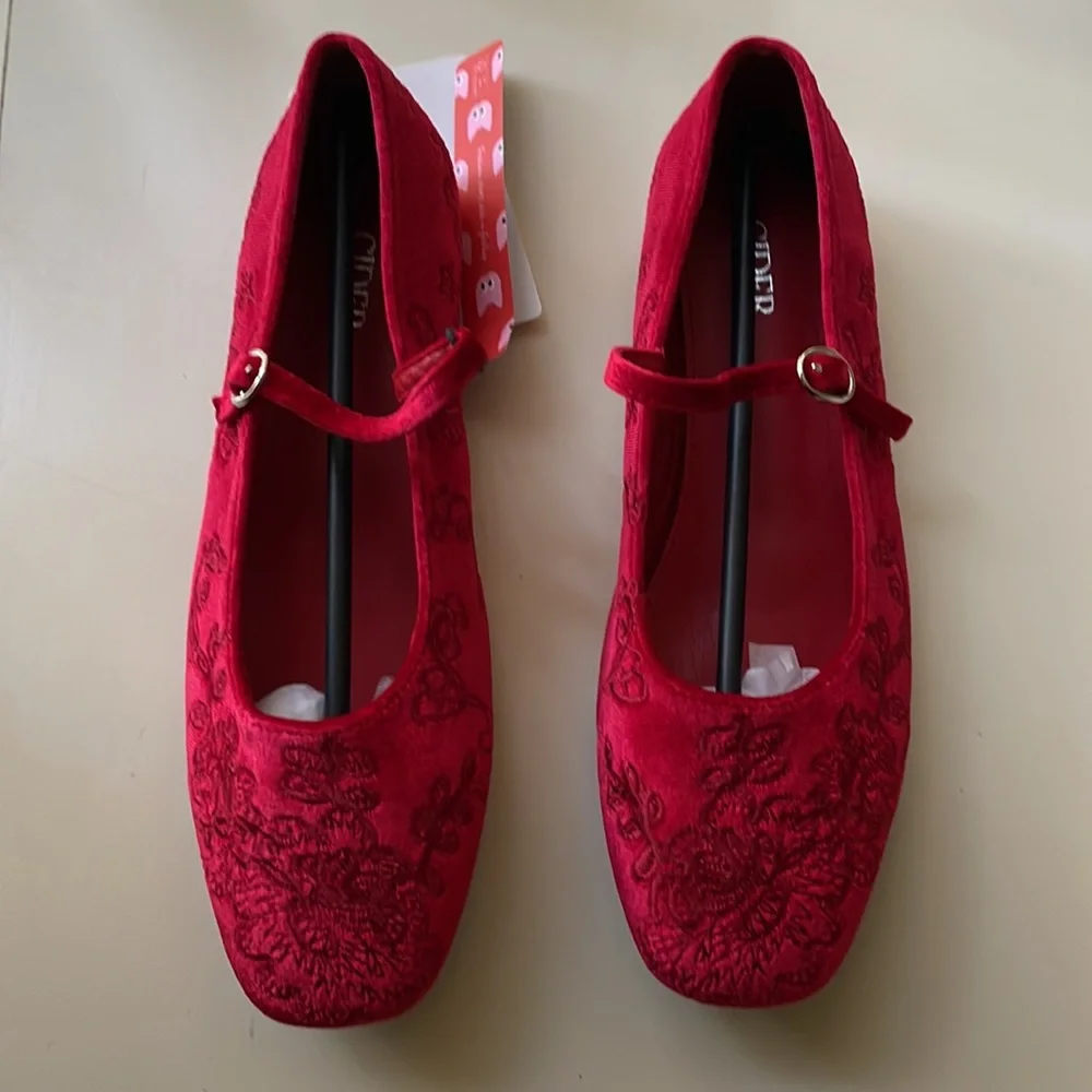 Red Embroidered Ballet Flats - Picture 3 of 6